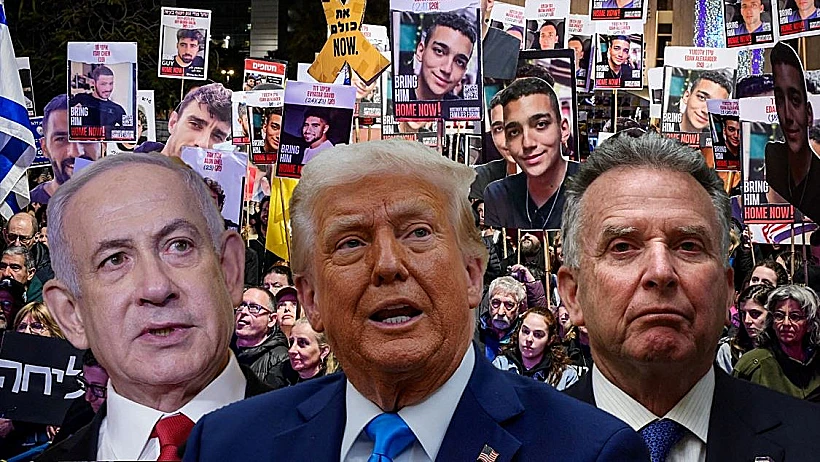 הנשיא טראמפ, רה"מ נתניהו וויטקוף על רקע הפגנה למען החטופים