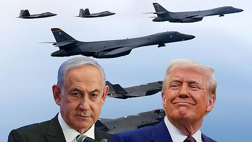 הנשיא טראמפ ורה"מ נתניהו על רקע מטוסי קרב אמריקניים גרעין איראן