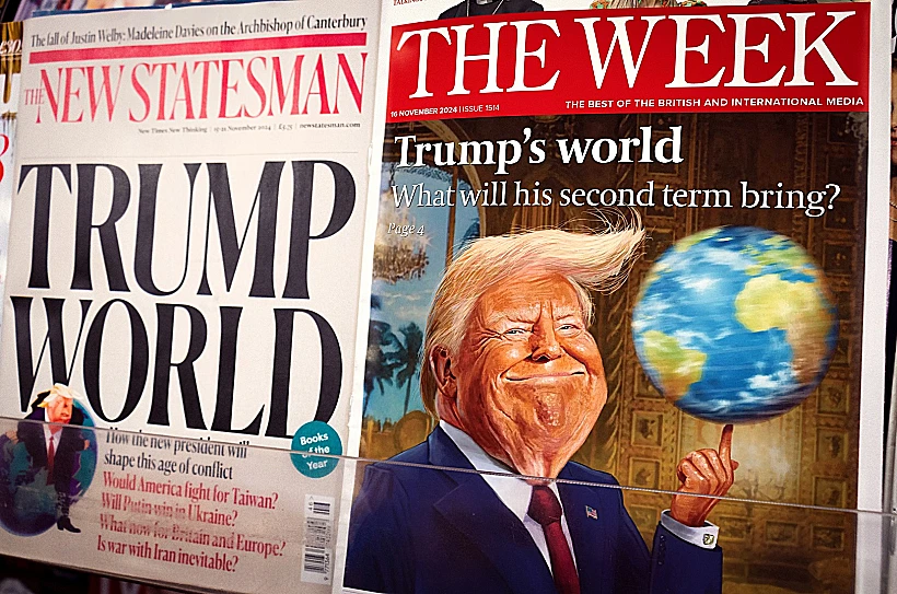 שערי מגזינים בלונדון, בעקבות ניצחונו של דונלד טראמפ בבחירות לנשיאות וכהונתו השנייה, נוב' 2024
