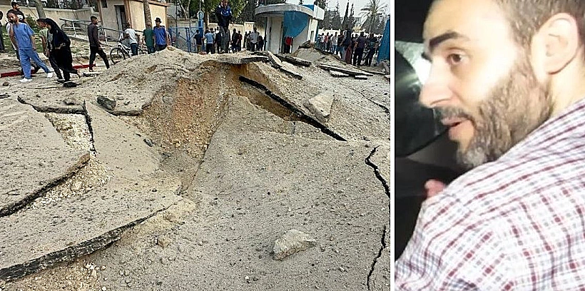 זירת התקיפה בבית החולים בח'אן יונס ומוחמד סינוואר