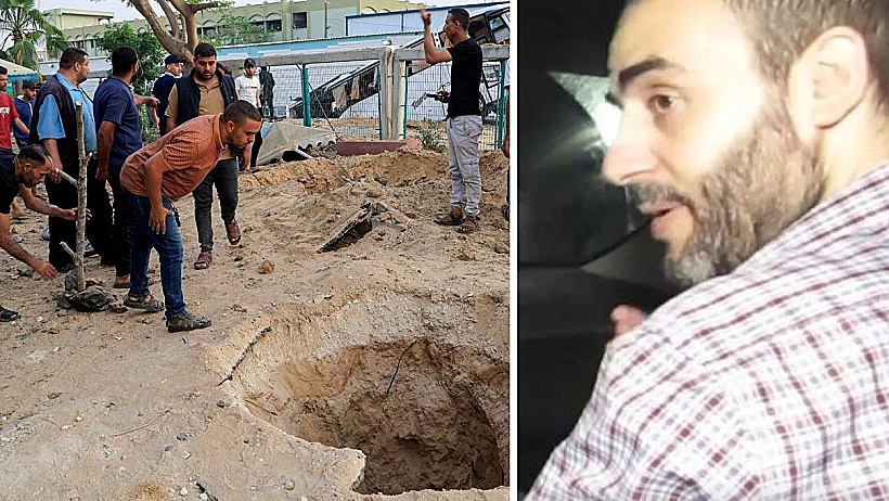 מוחמד סינוואר, ברקע זירת התקיפה בבית החולים בח'אן יונס