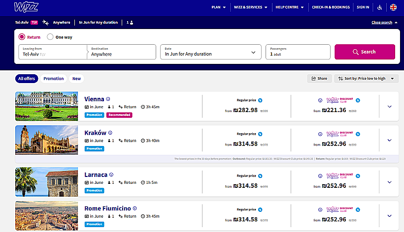 טבלת היעידם הזולים של וויזאייר