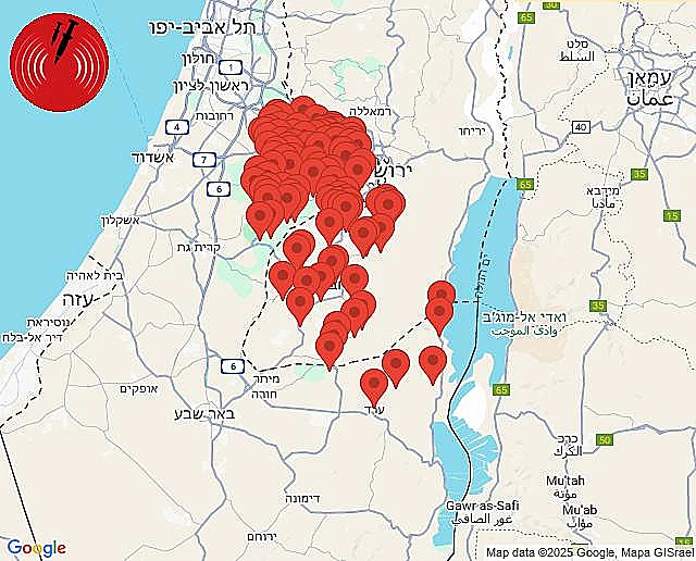 מפת ההתרעות בעקבות השיגור מתימן