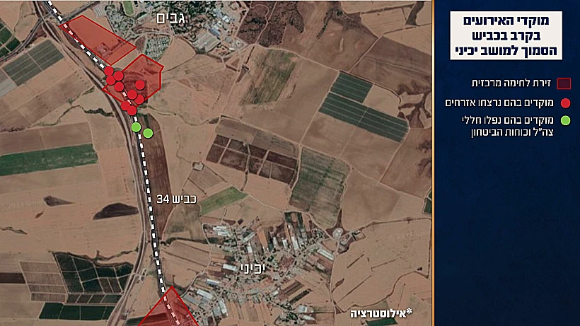 תחקיר הקרב במושב יכיני, מוקדי האירועים בכביש 34 הסמוך למושב