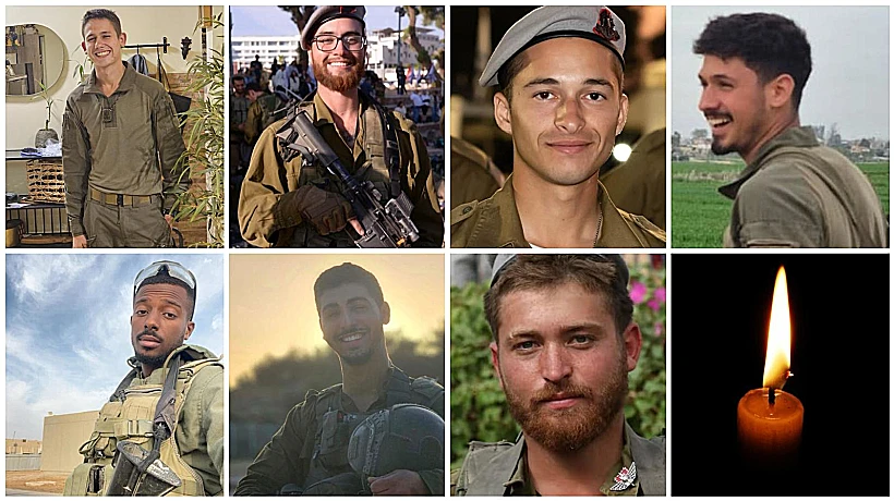 מימין למעלה: סמ"ר ניב רדיע, סמל מעיין ברוך פלדשטיין, סמ"ר אלון דוידוב וסמל רונן שפירו. מימין למטה: סגן מתן שי ישינובסקי, סמ"ר רונאל בן-משה וסמל שחר מנואב