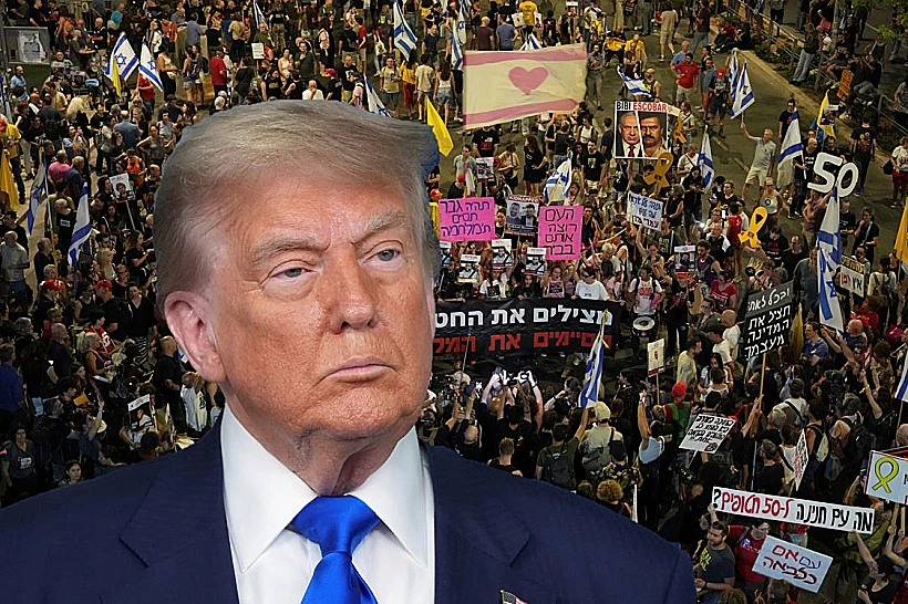 הנשיא דונלד טראמפ על רקע הפגנה למען החטופים בת"א