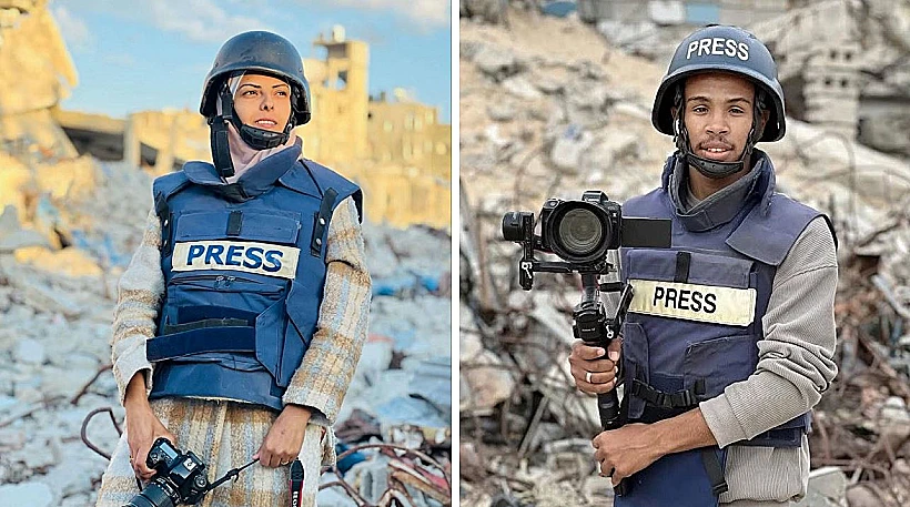 צלם אל-ג'זירה מחמד סלאמה והכתבת מרים אבו-דקה שנהרגו בתקיפה בביה"ח נאסר בח'אן יונס