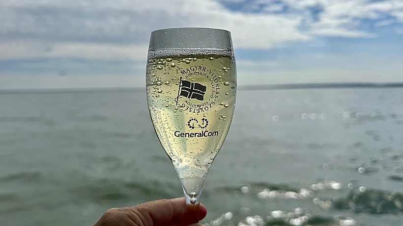 כוס יין על רקע אגם בלטון הונגריה