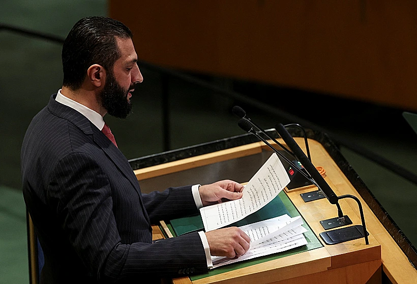 נשיא סוריה אחמד א-שרע (ג'ולאני) נואם בעצרת האו"ם