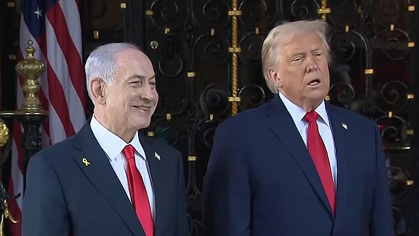 רה"מ נתניהו ונשיא ארה"ב דונלד טראמפ במסיבת עיתונאים במאר-א-לאגו