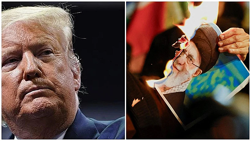 טראמפ ותמונה של חמינאי בהפגנה נגד המשטר האיראני