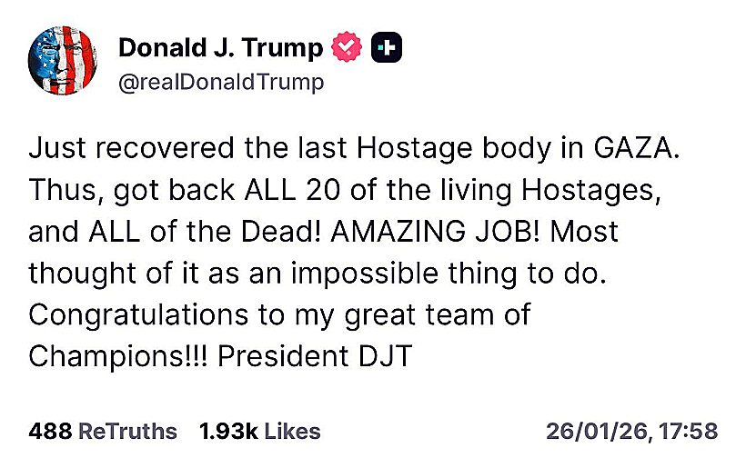 הציוץ של הנשיא טראמפ על רן גואילי ברשת החברתית שלו Truth Social