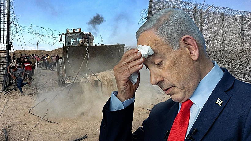 רה"מ נתניהו ברקע מחבלים פורצים את הגודל ב-7 באוקטובר