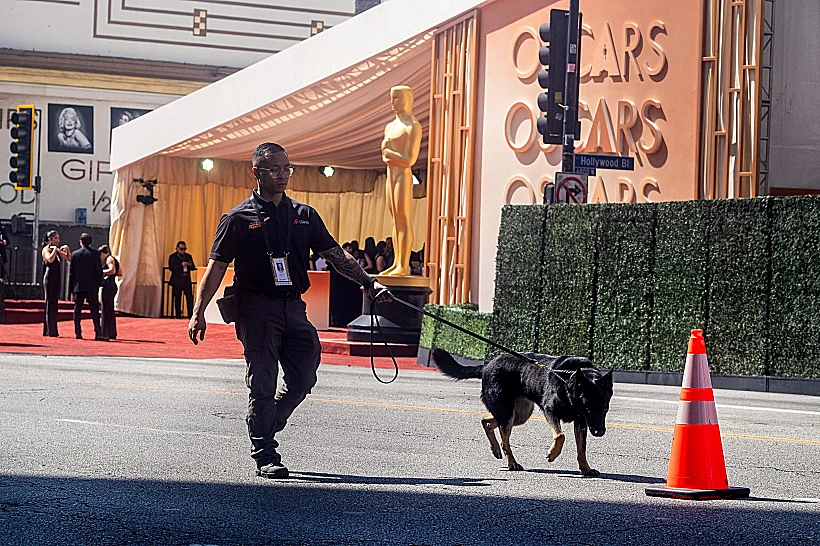שוטר וכלב שמירה מחוץ לטקס פרסי האוסקר 2026