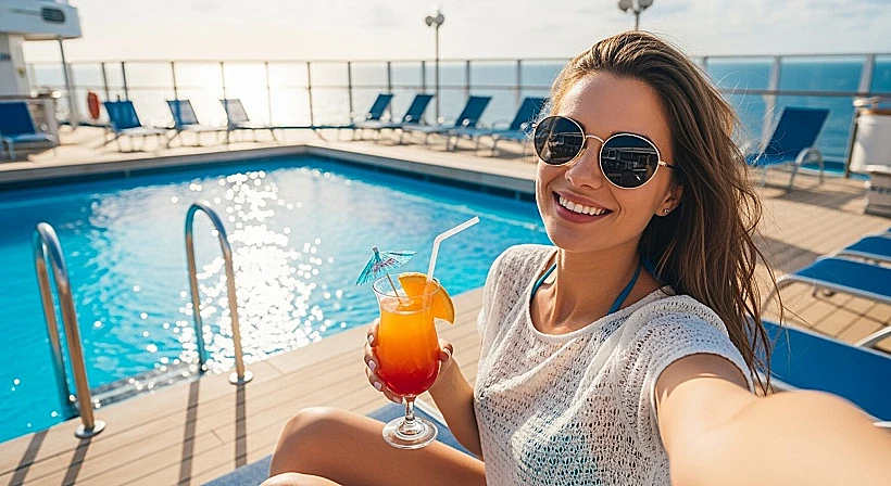 נוסעת על קרוז שותה כוס קוקטייל