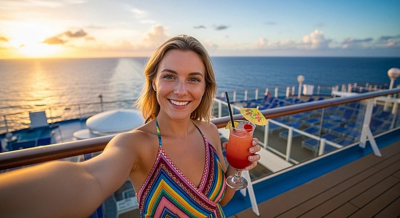 נוסעת על קרוז שותה כוס קוקטייל
