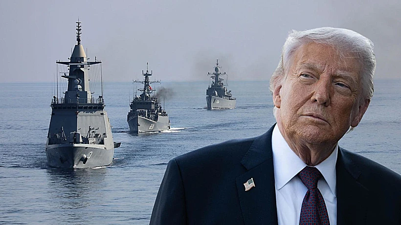טראמפ ברקע ספינות במצר הורמוז