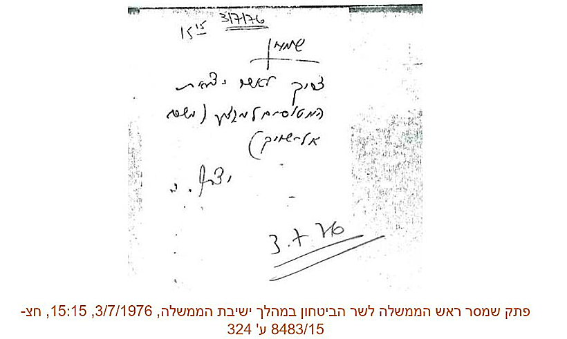 "צריך לאשר יציאת המטוסים למבצע": פתק שמסר רה"מ רבין לשר הביטחון פרס בישיבת הממשלה, 3 ביולי 1976