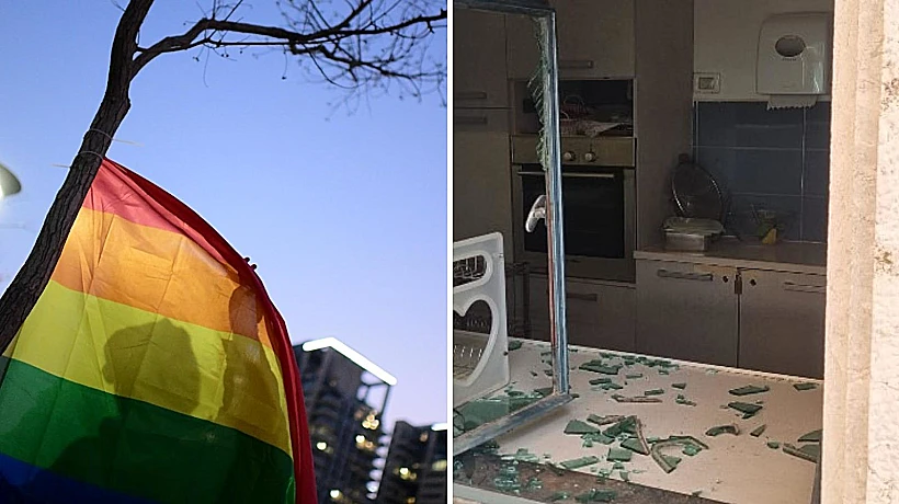 דגל גאווה לצד תיעוד מהשחתת בית הכנסת הרפורמי "כל הנשמה