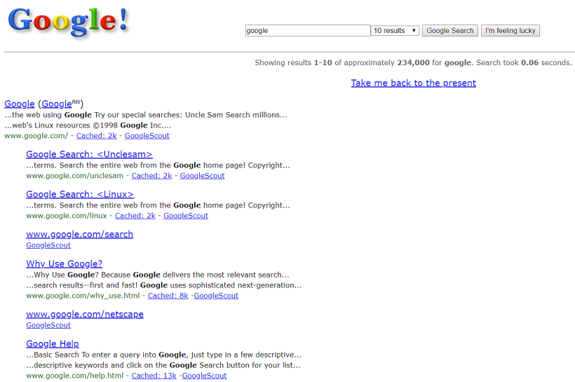 תוצאות החיפוש בגוגל 1998