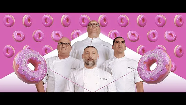 השפים יוסי שטרית, מושיק רוט, אסף גרניט וארז קומרובסקי מתוך הפרומו למשחקי השף קונדיטור
