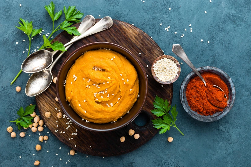 Hummus. Fresh Homemade Hummus With Paprika, Salt, Garlic, Tahini, Lemon Juice And Olive Oil. Chickpea Hummus In Bowl. Traditional Lebanese Cuisine. Healthy Vegetarian Appetizer