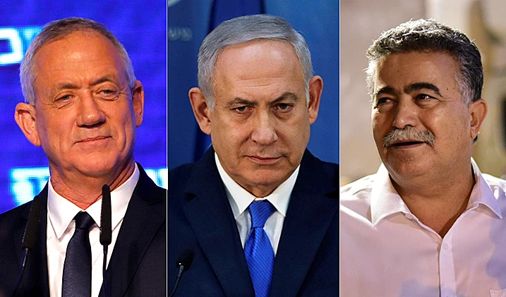יו''ר מפלגת העבודה עמיר פרץ, יו''ר מפלגת הליכוד בנימין נתניהו, יו''ר מפלגת כחול לבן בני גנץ