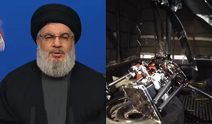 נסראללה לצד המל''ט שהופל