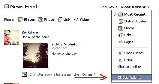 פייסבוק, לינק לעריכת הפיד ואפשרויות נוספות - עם סימון