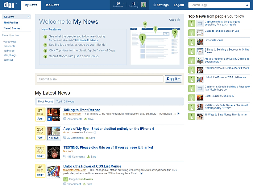 גרסת האלפא של אתר digg - חלון החדשות האחרונות