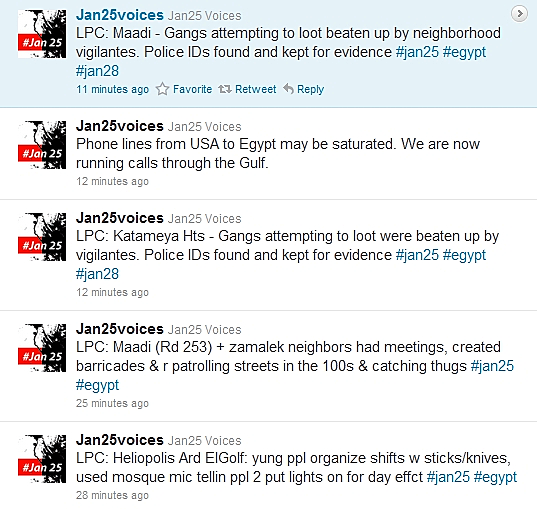 עדכונים בטוויטר על הפגנות במצרים. הדיווחים מתקבלים בטלפון