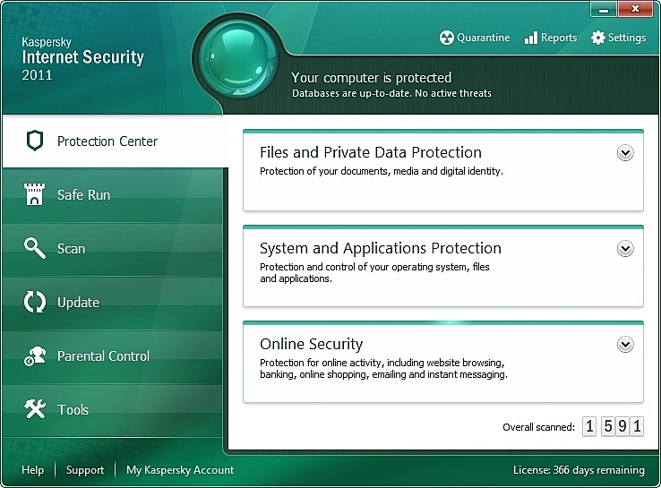 מרכז ההגנה שלkaspersky internet security 2011, קספרסקי אינטרנט סקיוריטי 2011