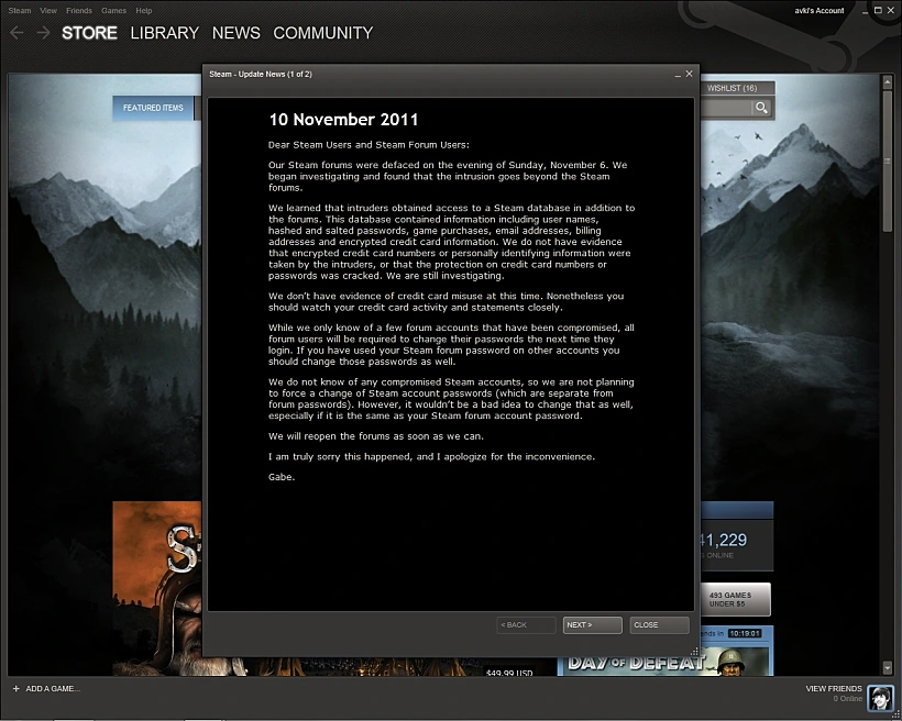 הודעה של גייב נואל, לאחר הפריצה לשירות סטים