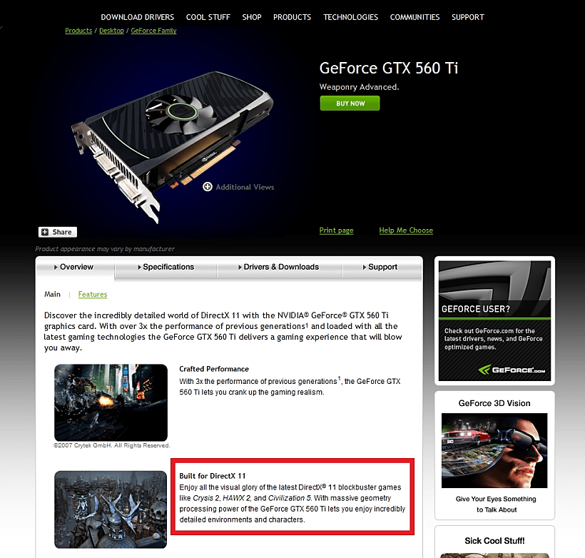 צילום מסך מתוך האתר של Nvidia שמכליל את Crysis 2 כנתמך ב-DirectX 11
