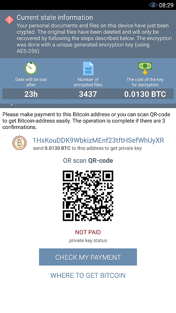 דרישת תשלום על ידי תוכנת הכופר לסלולרי Double Locker