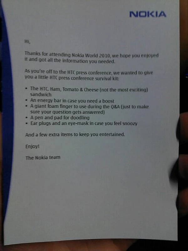 מכתב שנוקיה חילקה לעיתונאים שהלכו למסיבת העיתונאים של HTC