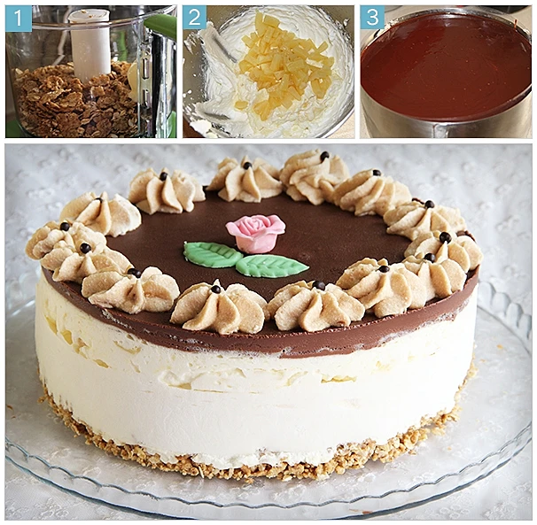 עוגת גבינה מוס אננס וציפוי גנאש שוקולד