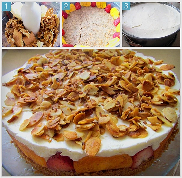 עוגת גבינה קרה עם פירות ושקדים מקורמלים