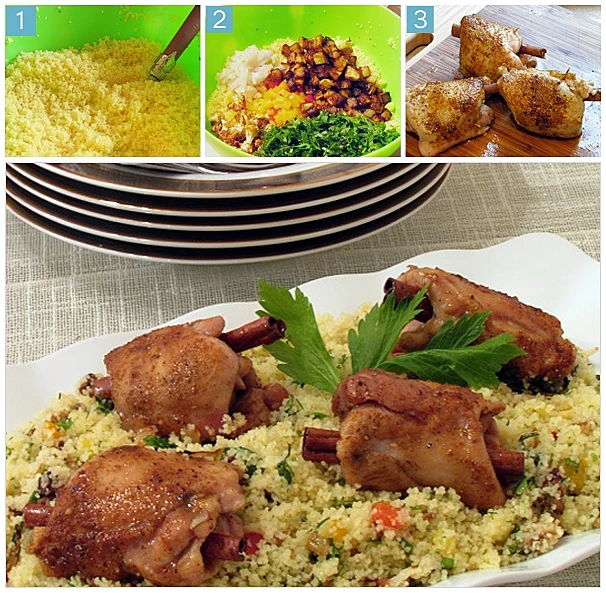 פרגיות מגולגלות על מצע סלט קוסקוס