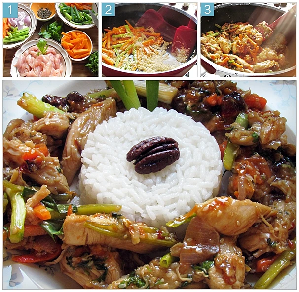 נתחי עוף מוקפצים עם ירקות ואורז