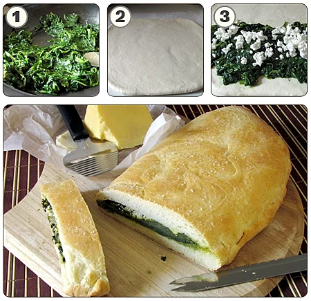 מאפה בצק פיצה במילוי תרד וגבינות