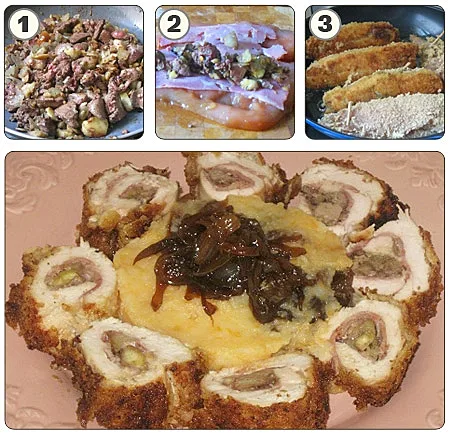 גלילות חזה עוף וחזה אווז מעושן במילוי כבדי עוף וערמונים