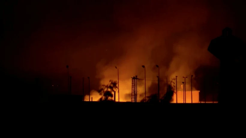 General View Of Fire Burning And Smoke Billowing Out In Distance In Border Town Tel Abyad In Syria Seen From Akcakale
