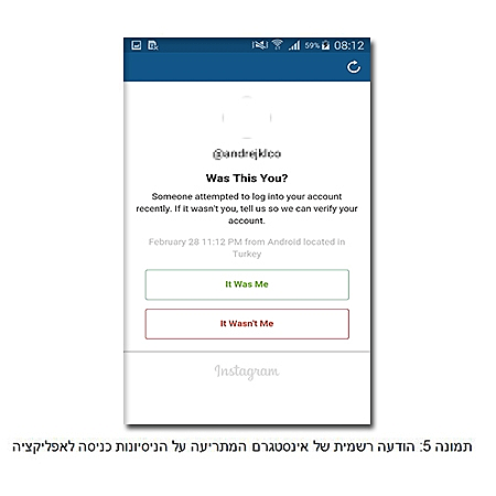 הודעה רשמית של אינסטגרם המתריעה על הניסיונות כניסה לאפליקציה
