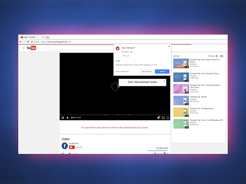 עמוד היוטיוב המתחזה המבקש להוריד את התוסף כדי לצפות בסרטון