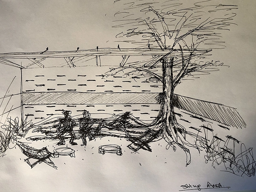 פינת הישיבה בחצר, סקיצה