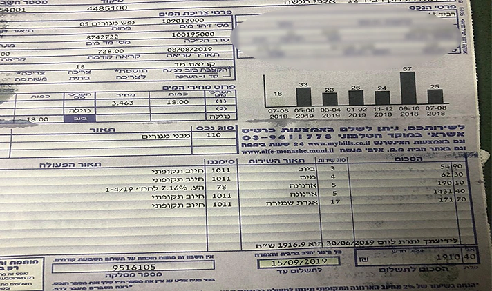 חשבונית ארנונה ואגרות שמירה אלפי מנשה