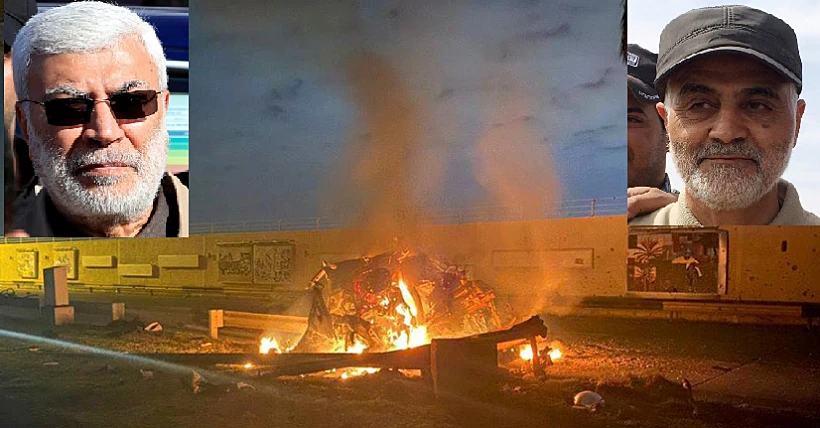 קאסם סולימאני ואבו מהדי אל-מהנדס, על רקע הריסות הרכב בו חוסלו