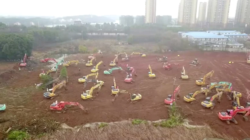 An Aerial View Shows The Construction Site Of A New Hospital Dedicated To Treating Patients With Coronavirus, In Wuhan
