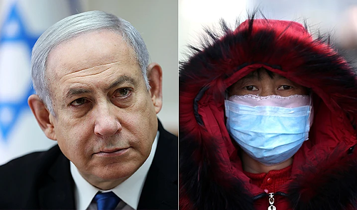 בנימין נתניהו ובחורה עם מסיכה נגד וירוס הקורונה